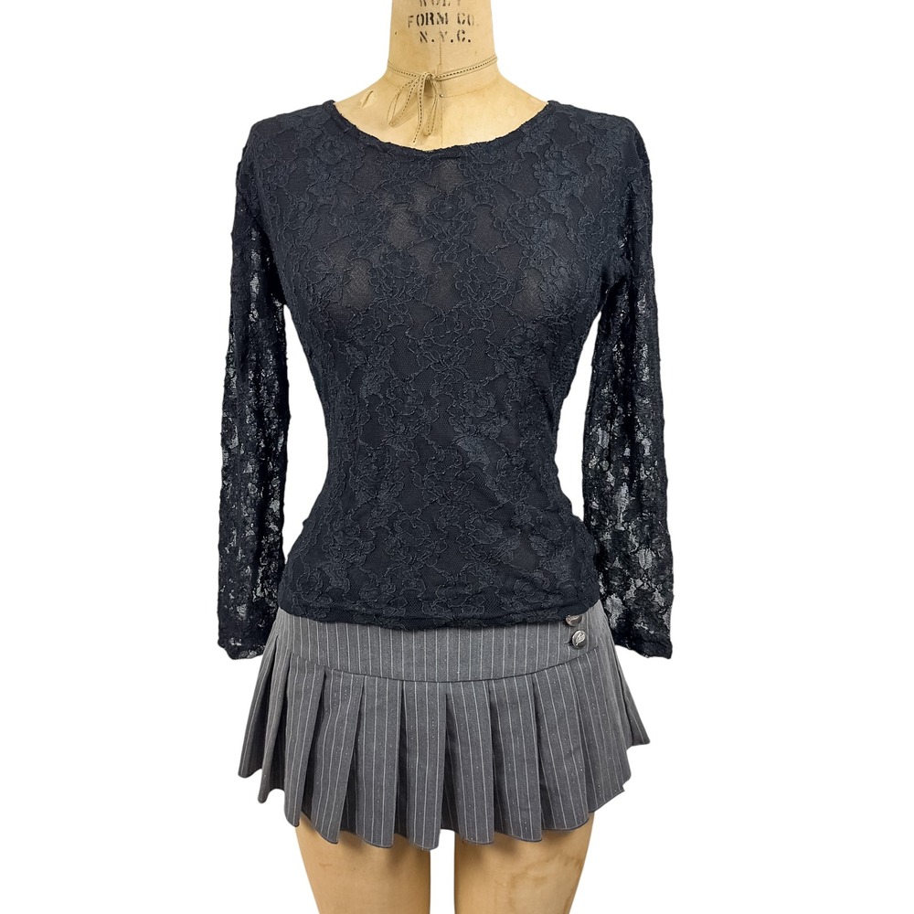 Gothic Sheer Black Floral Lace Long Sleeve Top Whimsigoth Dark Romantic Size M